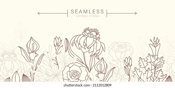 Pattern herbs and flowers painted black line. Space for text. Vector drawing