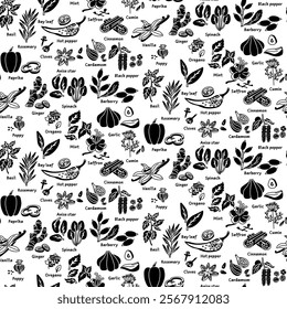 a pattern with herbs and spices in the form of black silhouettes, a whole and pieces with a name on a white. A variety of herbs, seeds, vegetables for different taste preferences. Kitchen texture