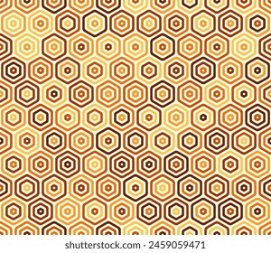 Pattern of hexagon shapes. Bold rounded stacked hexagon cells. Orange color tones. Hexagonal shapes. Tileable pattern. Seamless vector illustration.