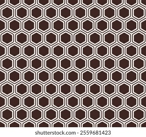 Pattern of hexagon shapes. Dark Brown color on matching background. Bold rounded hexagons mosaic pattern with inner solid cells. Hexagonal shapes. Seamless design. Tileable vector illustration.