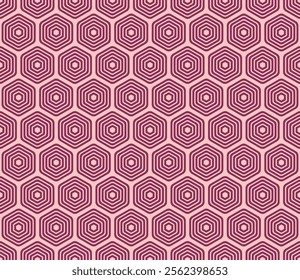 Pattern of hexagon shapes. Dark Magenta color on matching background. Bold rounded stacked hexagons mosaic pattern. Hexagonal cells. Seamless design. Tileable vector illustration.