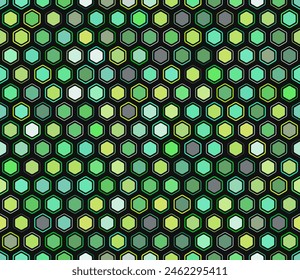 Pattern of hexagon shapes. Geometric elements of varied style and color. Hexagon cells. Tileable pattern. Seamless background. Authentic vector illustration.