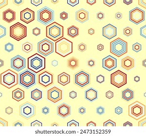 Pattern of hexagon shapes. Multicolored geometric elements of varied size. Stacked hexagon bold mosaic cell. Honeycomb cells. Tileable pattern. Seamless vector illustration.