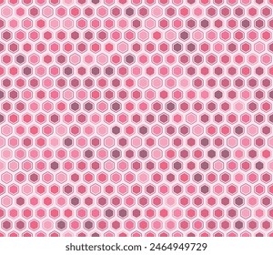 Pattern of hexagon shapes. Rounded hexagons mosaic cells with padding and inner solid cells. Pink color tones. Hexagon geometric shapes. Tileable pattern. Seamless vector illustration.