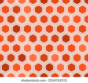 Pattern of hexagon shapes. Rounded hexagons mosaic pattern with inner solid cells. Orange color tones. Hexagonal cells. Seamless design. Tileable vector illustration.