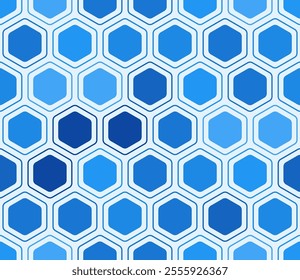 Pattern of hexagon shapes. Rounded hexagons mosaic pattern with inner solid cells. Blue color tones. Large hexagon shapes. Seamless design. Tileable vector illustration.