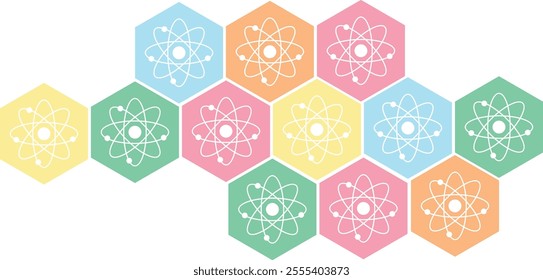 Pattern of hexagonal tiles arranged in a honeycomb-like structure. Each hexagon contains a white atomic symbol, which consists of a central circle with three elliptical orbits.