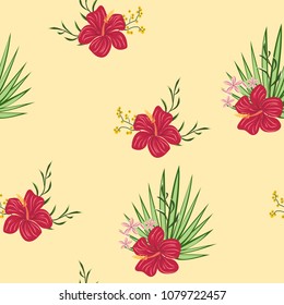 Pattern with hibiscus, plumeria and monster. Tropical Pattern. Flowers of hibiscus and plumeria. Summer flower pattern.