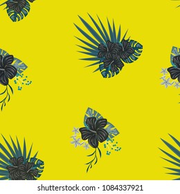 Pattern with hibiscus, plumeria and monstera. Tropical Pattern. Flowers of hibiscus and plumeria. Summer flower pattern.