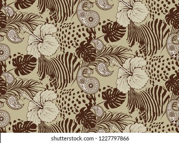 Pattern of hibiscus, zebra, leopardand and paisley. Suitable for fabric, wrapping paper and the like. Vector illustration