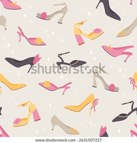Pattern with high heels shoes illustrations. Seamless texture with modern trendy shoes. Festival female footwear. Stylish flat cartoon collection. Vector pattern on gray background