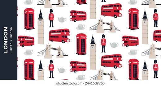 Pattern highlighting London (England): Big Ben, bus, monument...