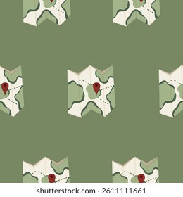 pattern with hiking map icon for travel, vacation or camping with red label on a wooded background