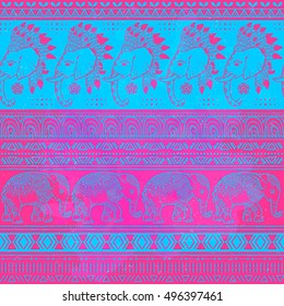 Pattern hippie with baby elephant made in vector. Color ornamental illustration  for design, pattern, textiles. Use for children's clothes, pajamas 