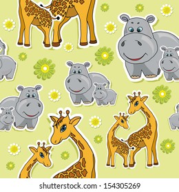 pattern with hippopotamus and giraffe. vector