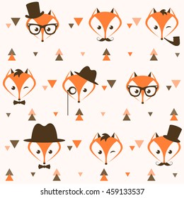 Pattern with hipster foxes and triangles