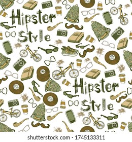 Pattern with hipsters accessories, Isolated vector illustration.Style male pattern with brush lettering 