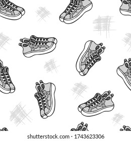 Muster mit Hipstern 
Sneakers, isolierte Vektorgrafik.Stil männliche Muster mit Pinsel   auf weißem Hintergrund