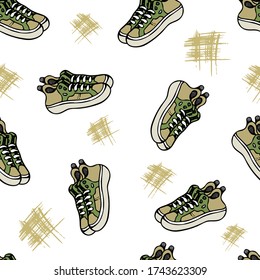 Pattern with hipsters 
sneakers, Isolated vector illustration.Style male pattern with brush   on white background