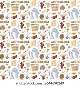 Patrón de objetos históricos con la inscripción Arqueología en estilo de color plano. Jarras, platos, huesos, cuchillas y arquitectura en textura sin costuras. Adecuado para carteles científicos, libros, artículos