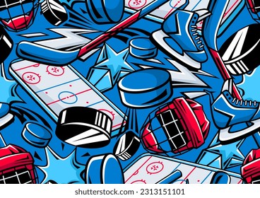 Pattern with hockey items. Sport club illustration. Healthy lifestyle background.