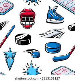 Pattern with hockey items. Sport club illustration. Healthy lifestyle background.