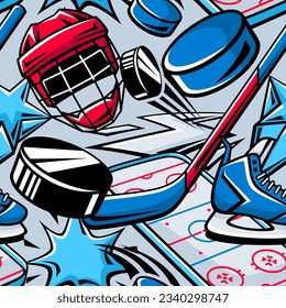 Pattern with hockey items. Sport club illustration. Healthy lifestyle background.