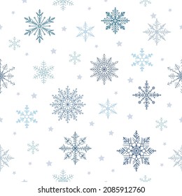 Pattern of holiday blue snowflakes on white background. Variety vector christmas snowflakes in flat style.