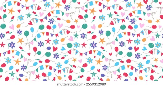 Pattern holiday decor. Flags, strings, hearts, balloons, stars and flowers. Birthday, Valentine's Day. Funny cartoon icons. Seamless repeating background.