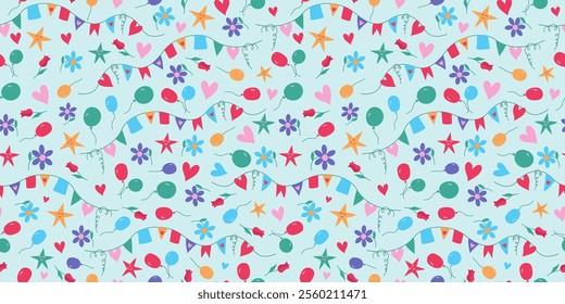 Pattern holiday decor. Flags, strings, hearts, balloons, stars and flowers. Birthday, Valentine's Day. Funny cartoon icons. Seamless repeating background.