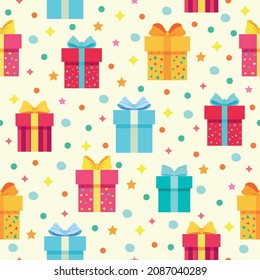 Patrón de caja de regalo de vacaciones sobre fondo blanco. Caja de regalo de navidades multicolores vectoriales varietales en estilo plano.
