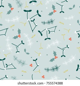 Pattern for a holiday Merry Christmas. Vector pattern with mistletoe, twigs,berries holly, and abstract elements  on a gray background.