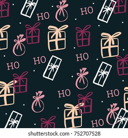 Pattern with holiday presents. Hand drawn elements. Perfect design for posters, cards, textile, web pages.