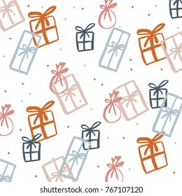 Pattern with holiday presents. Hand drawn elements. Perfect design for posters, cards, textile, web pages.