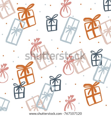 Pattern with holiday presents. Hand drawn elements. Perfect design for posters, cards, textile, web pages.