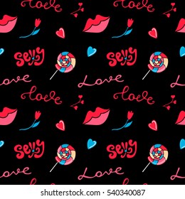 The pattern for the holiday Valentine's Day with his lips, hearts, candy on a black background. Lettering. Sexy.