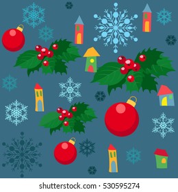  pattern with holly, Christmas balls, snowflakes and houses on a gray-blue background