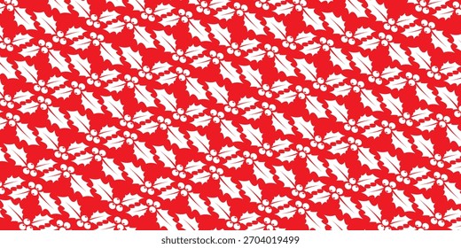 Padrão com folhas de azevinho e bagas pequenas em um fundo vermelho brilhante