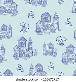 pattern home contour fabulous brick stone bushes grass outline illustration doodle vector seamless wallpaper baby blue background print