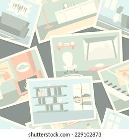 Pattern with home interior photos. Vector illustration.