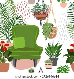 Pattern Home plants and flowers in pots. Landscaping at Indoor. Decor for the apartment and garden. Cacti and succulents