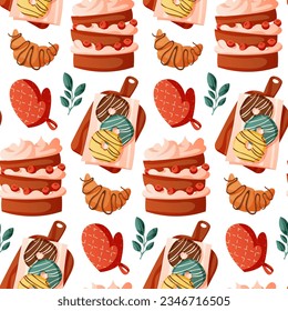 Pattern with homemade baked donuts, berries cake, glove, croissant, pastry products. Pastries from the dough. Baking, bakery shop, cooking, sweet, dessert. Vector for poster, banner, menu, cover