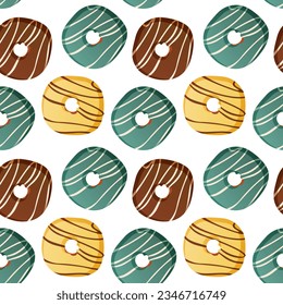 Patrón con donuts horneados caseros con tostadas, productos de pastelería. Pasteles de la masa. Hornear, panadería, cocinar, dulce, postre. Vector para afiches, banner, menú, portada, publicidad