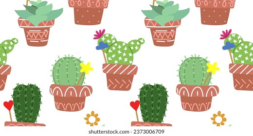 A pattern with homemade cacti in pots. Seamless texture for printing. Flat vector indoor plants on a white background. Children's prickly cute texture. House plants are flat, growing upwards