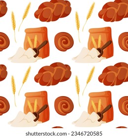 Pattern with homemade cooking wheat, flour, bun, cinnabon. Kitchen bakery stuff, process of baking. Bakery shop, cooking, sweet products, dessert. Vector for poster, banner, menu, cover, advertising