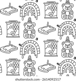 pattern of honey doodle elements. Rainbow, sandwich, honeycomb frame, honey in a jar on a white background. Home-made honey production. Bee farm. Insects fly in a rainbow. Seamless texture of honey pr
