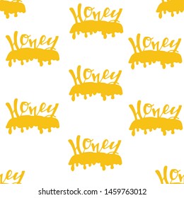 Pattern Honey splash dripping sweet drops from bee honeycomb poster for beekeeping honey shop or bakery. Vector design of dropping syrup for desserts or cafeteria and patisserie cakes.