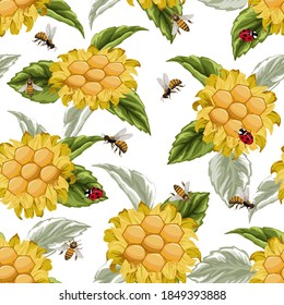 Pattern with honeycomb and sunflowers. Sunflowers, bees and honeycomb in a color seamless pattern.