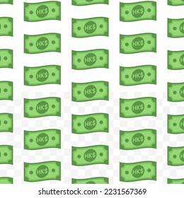 Patrón de billetes en dólares hongkoneses sobre fondo transparente con mini doodle (icono) y color verde. Ilustración vectorial