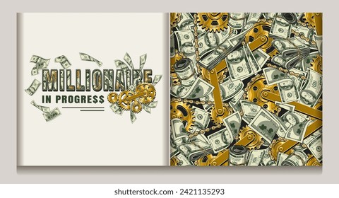 Pattern, horizontal label with cash money, 100 US dollar bills, gold gear mechanism, bike chain. Creative concept of making money. For prints, clothing, apparel, surface design.